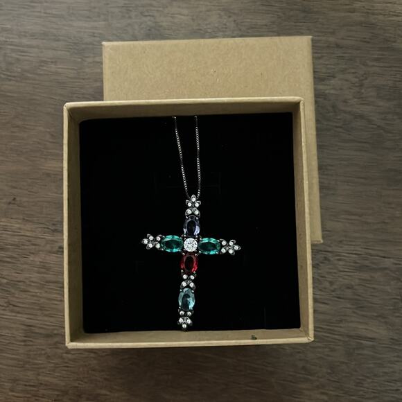 MULTI COLOR STONE CROSS PENDANT NECKLACE 18-20” ADJUSTABLE STANDARD SZ. - Picture 7 of 7